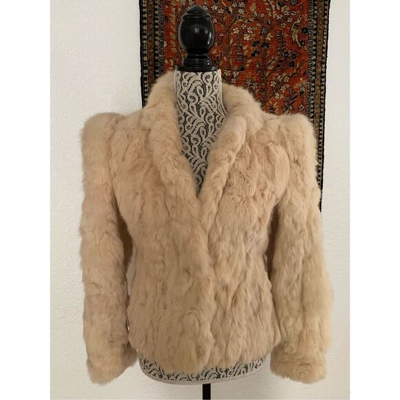 Vintage 80s Genuine Rabbit Fur Coat Beige Cream Small Made in Korea - Picture 1 of 12